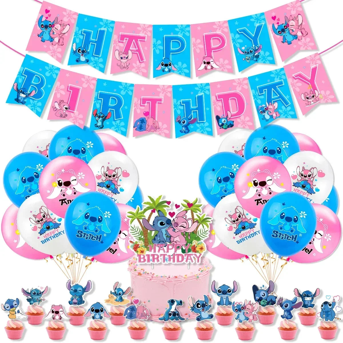 1Set Stitched Latex Balloons Banner Baby Shower Toy Cake Topper Happy Birthday Boy Girl Lilo Stitch Ballons Party Decor Supplies