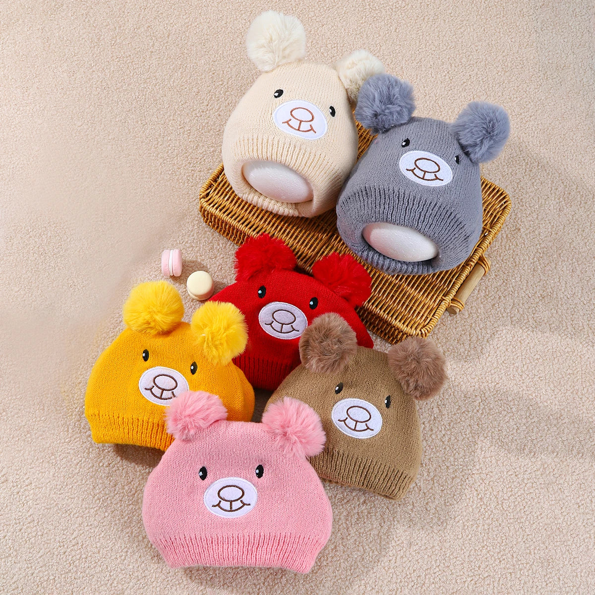 Cute Bear Beanie Cap for Baby Boy Girl Cartoon Pompom Warm Knitted Hat Neck Cover Autumn Winter Toddler Ear Protection Caps
