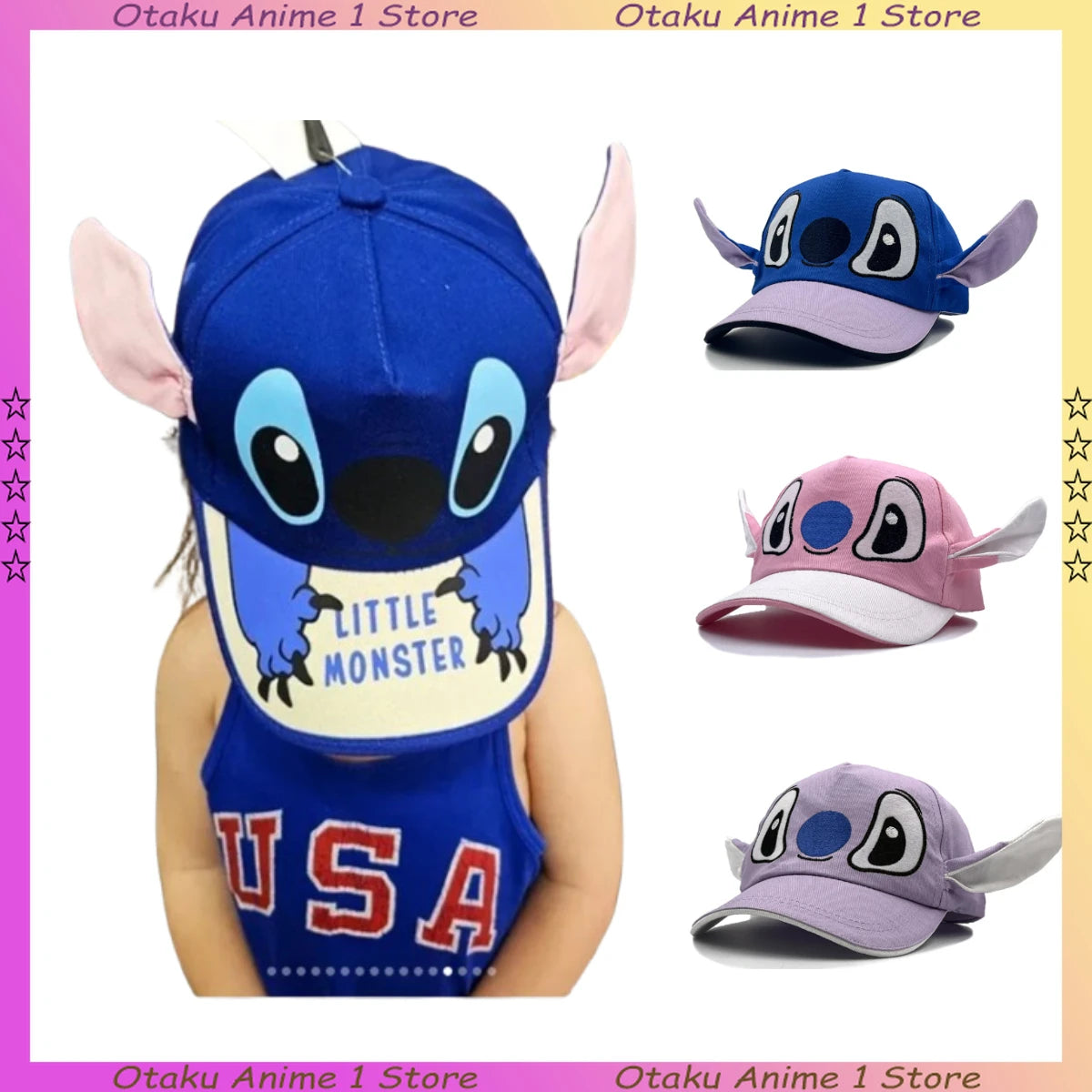 Cute 3D Ear Stitch Hats Cartoon Embroidery Lilo & Stitch Baseball Cap Children Outdoor Sun Hats Fashion Accessory Birthday Gift