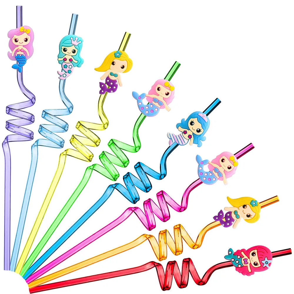 4pcs Multi themed Cute Party Straws,Unicorn Mermaid Dinosaur Party Straw,Reusable Plastic Straws for Kids Birthday Decor Gifts