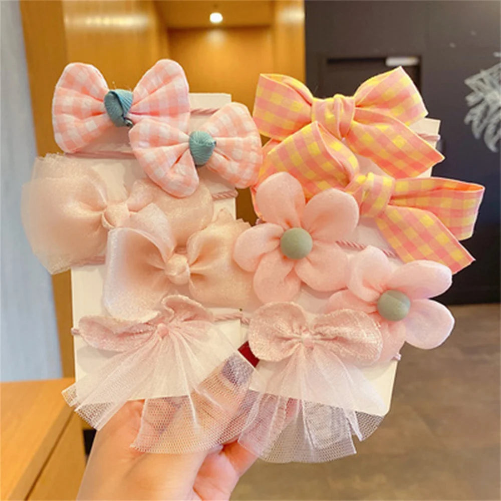 10pcs Cute Flower Hair Ties Set Kids High Elastic Mixed Cloth Plaid Bow Charms Hair Loop For Toddler Girls Princess Headwear