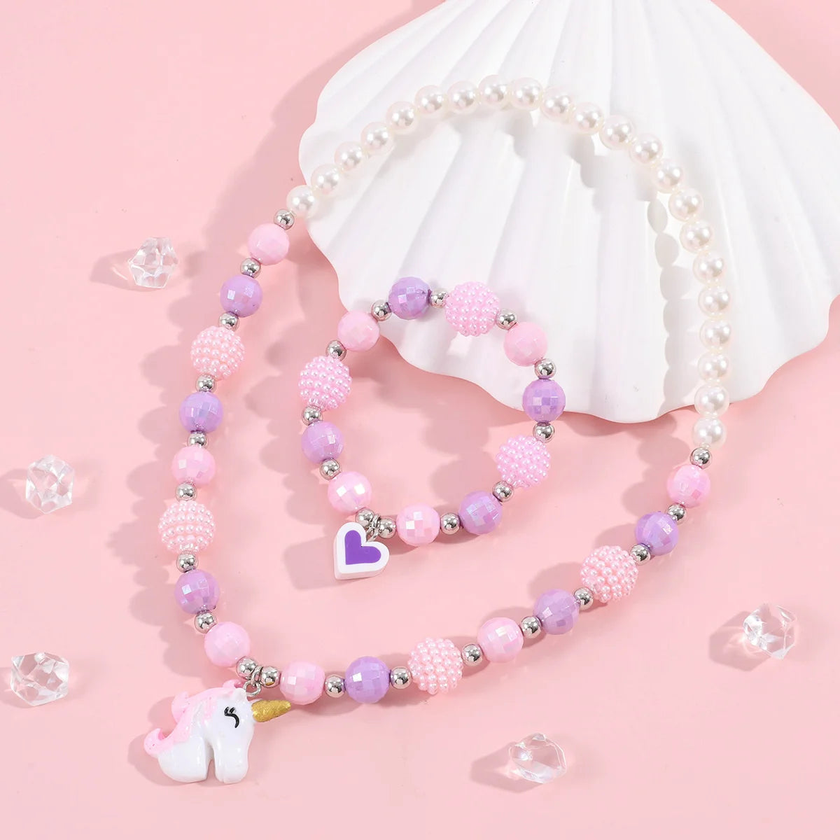 Cute Unicorn Pendant Necklace for Girls Heart Beads Necklace for Children Fashion Jewelry Accessories Birthday Gift