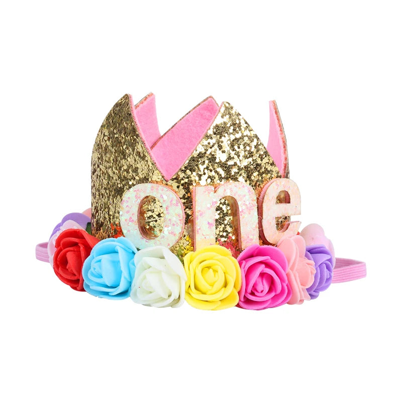 Baby Birthday Decoration Girl 1 2 3 Years Crown Hat Pink White Flower Sequins Crown 1st birthday Photo Prop Happy Birthday Gifts