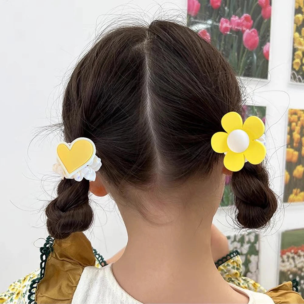 5pcs/Set Cartoon Bear Bowkont Heart Charms Scrunchies Candy Color Satin Hair Ties Ponytail Holder Hair Ropes Kid Girls Headwear
