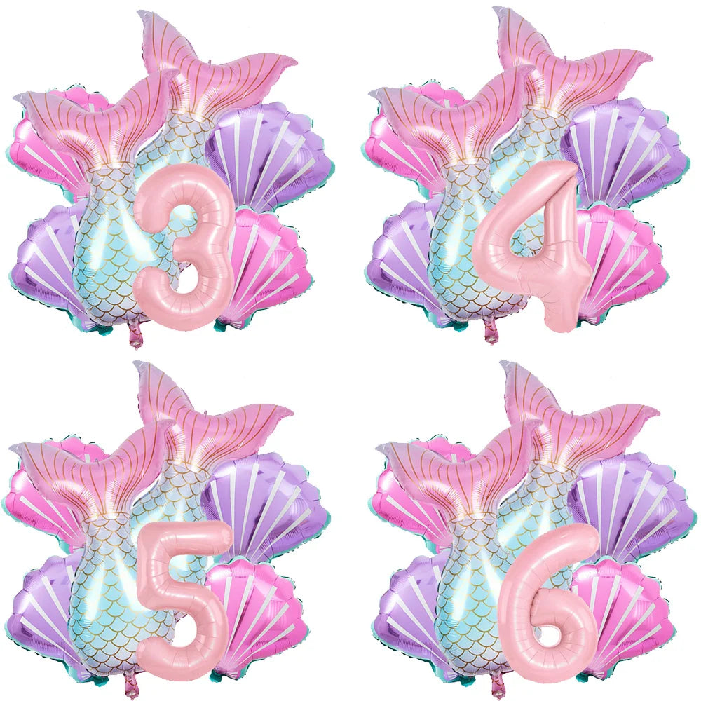 Mermaid Birthday Decorations 7 Pcs Mermaid Foil Balloon Mermaid Tail Balloon Mermaid Decor for 1st-9th Birthday Party Baby Showe