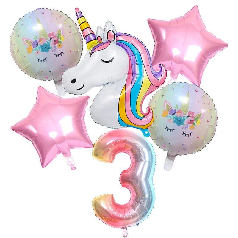 Rainbow Unicorn Foil Balloon 32inch Number Pink Star Balloons Unicorn Theme Kids Birthday Party Decorations Baby Shower Globos
