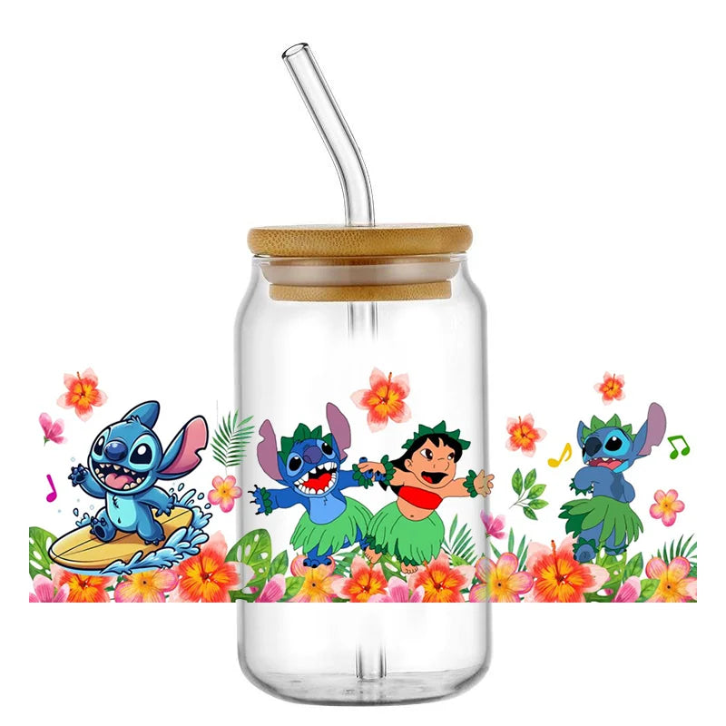 Miniso Stitch 16oz UV DTF Cup Wrap Cartoon Transfers Libbey Wrap Tumbler DIY Logo Sticker Glass Can Selfadhesive Waterproof