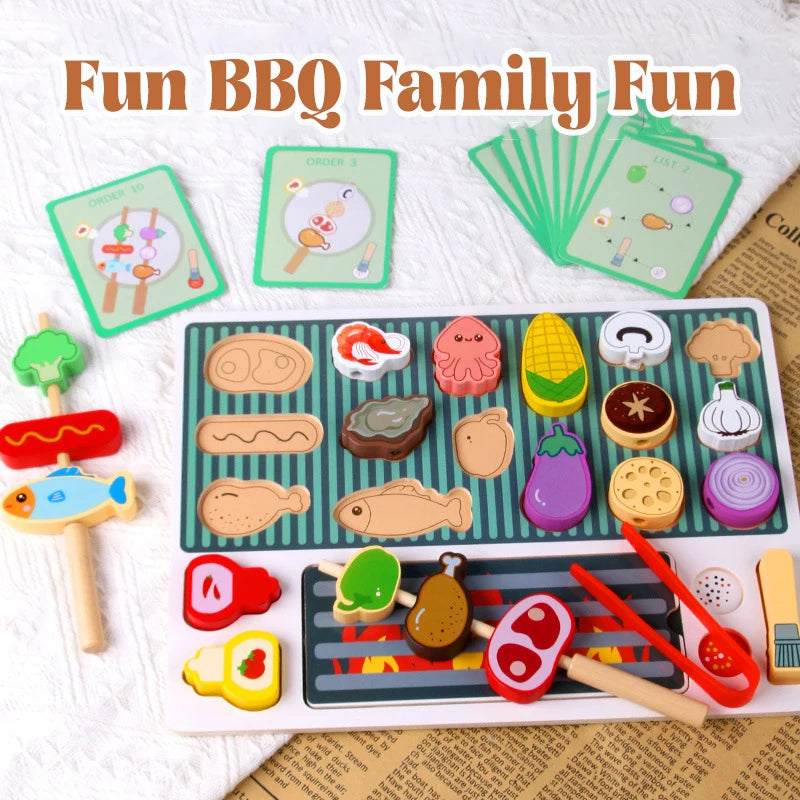 Children Wooden Barbecue Toys Kids Wooden Simulation Food Barbecue Cooking Kitchen Toys Parent-Child Interaction Play House Toys