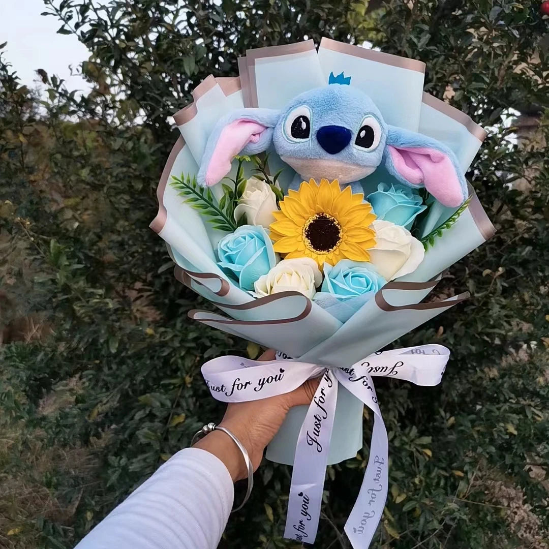 Lilo&Stitch Plush Bouquet Toy Christmas Gift Purple Blue Stuffed Rose Flower Soft Cute Cartoon Doll Valentine Graduation Gifts