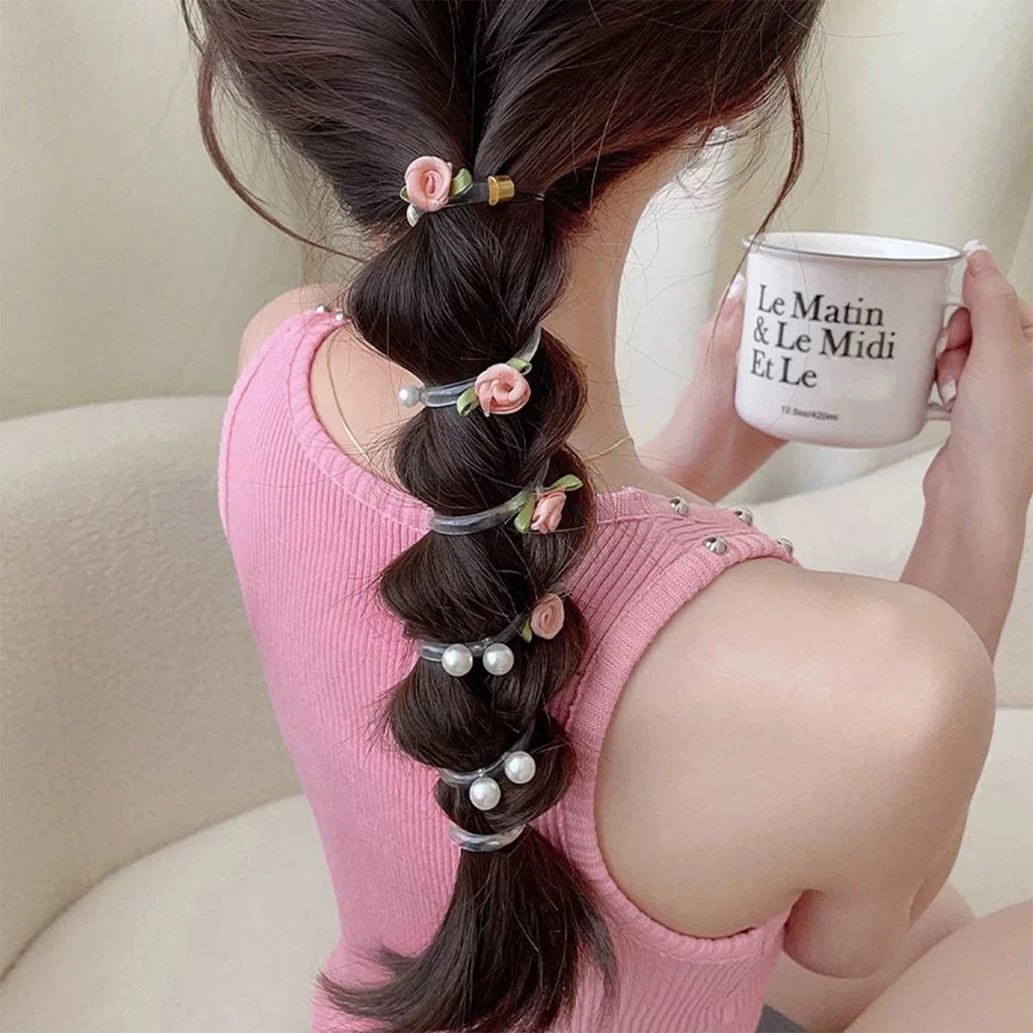 Rose Bead Telephone Line Headband Charming Tied Ponytail Braid Hair Rope Headband High Elasticity Rubber Band Pearl Headwears