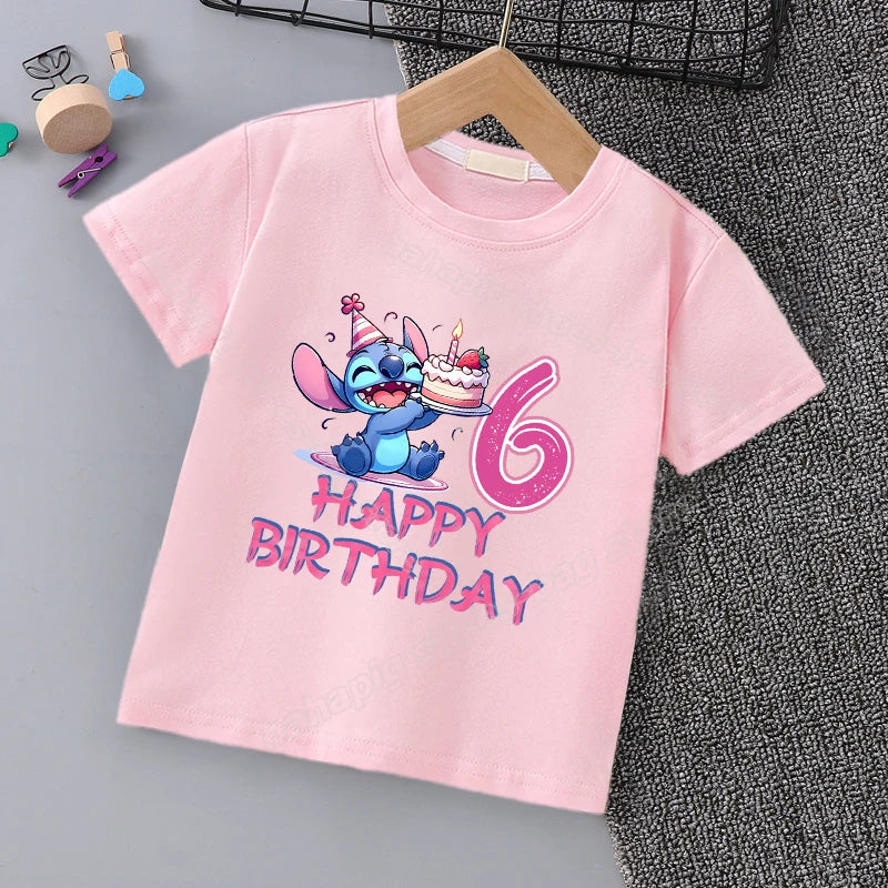 Lilo Stitch Number T-Shirt for Girl Birthday Clothes Summer Short Sleeve Pink T Shirts Casual Kids Clothes Cute Cartoon Tee Tops