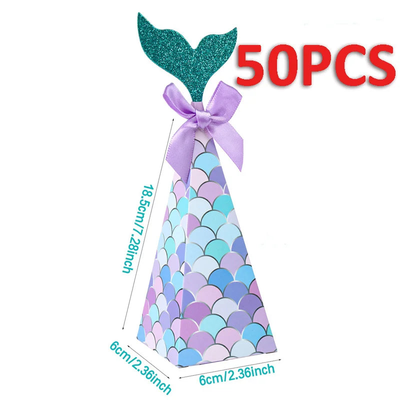50PCMermaid Tail Candy Box Festival Gift Packaging Paper Bag Popcorn Boxes Kids Little Favors Mermaid Birthday Party Decorations