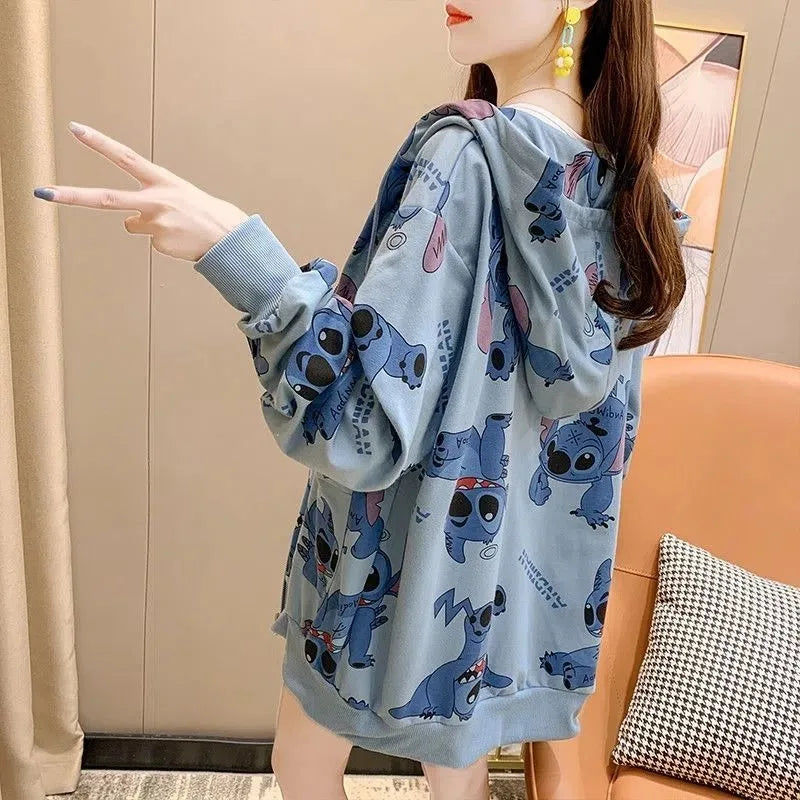 New Lilo and Stitch Hooded Sweatshirt Kawaii Women's Loose Top Thin Design Anime Printed Accessories Cartoon Cardigan Jacket