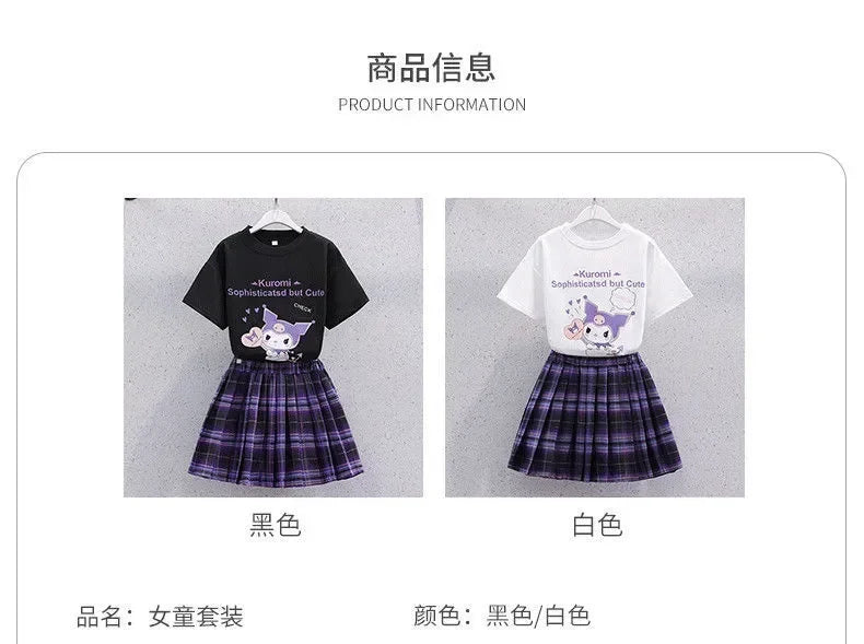 Sanrio Kuromi Kawaii Girls College Style T-shirt Skirt Suit Summer Clothes New Girl Suit Children's Clothes Style Pleated Skirt