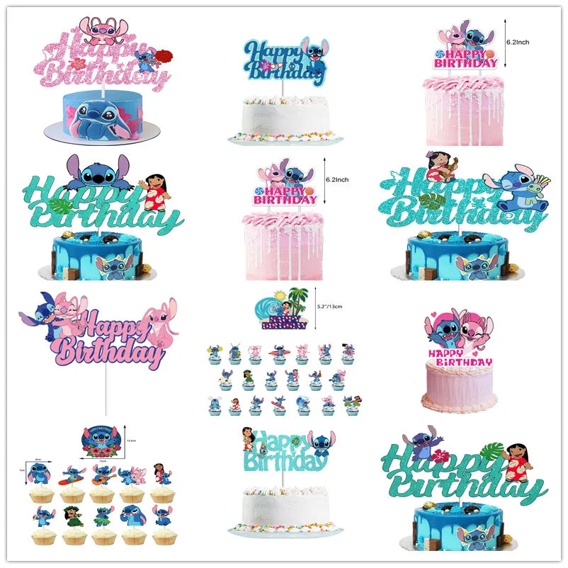 Lilo & Stitch Glitter Cake Topper Happy Birthday Decorations for Kids Boy Girl Baby Shower Cupcake Dessert Decor Supplies