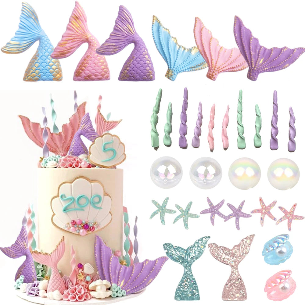Mermail Cake Decoration Pink Purple Mermaid Tails Bubbles Shells Cake Toppers Under the Sea Theme Birthday Baby Shower Party Dec