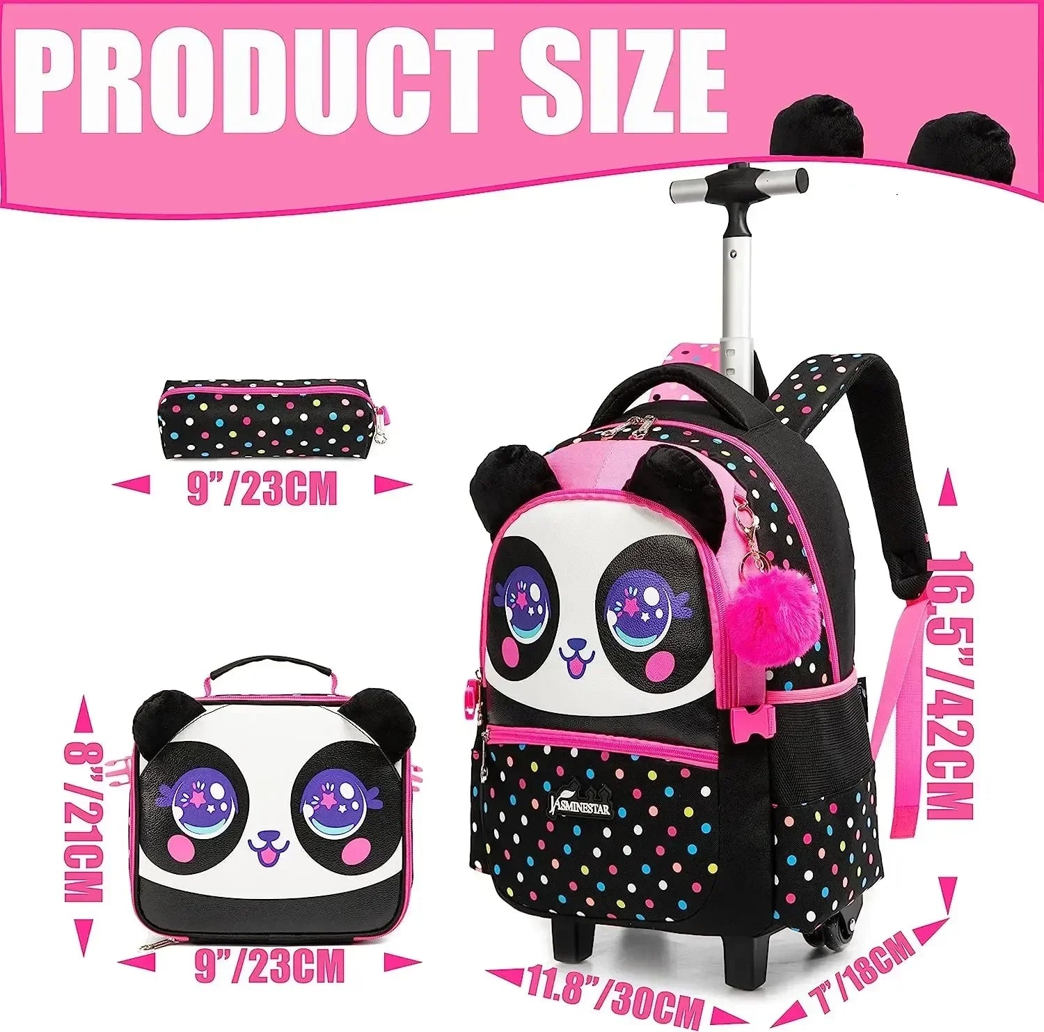 3PCS Cute Rolling Backpack for Girls Backpacks with Wheels for Elementary Students Kids 3 in 1 Travel Luggage Carry on Suitcase