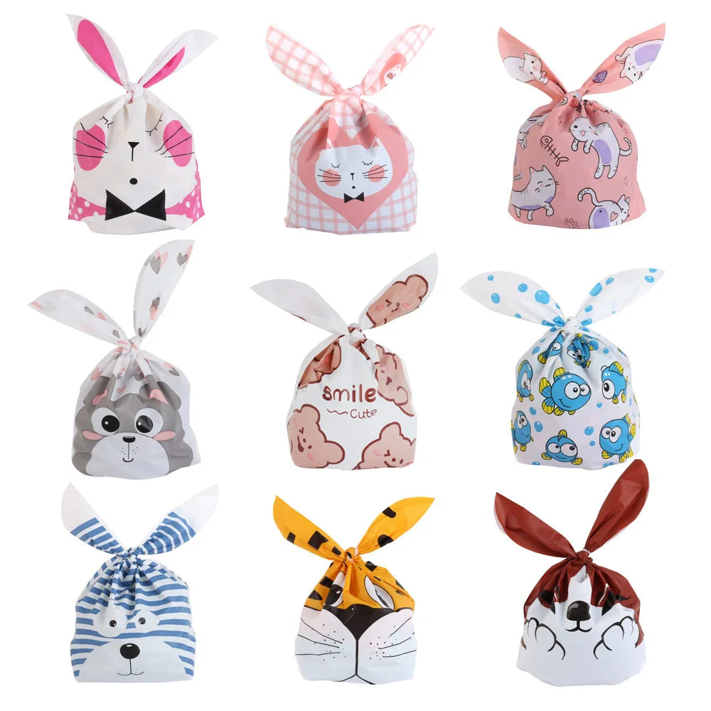 10/25/50pcs Plastic Candy Bags Cookie  Cute Carton Rabbit Ear Bags Biscuits Snack Baking Packing Supplies Kids Gifts Wholesale