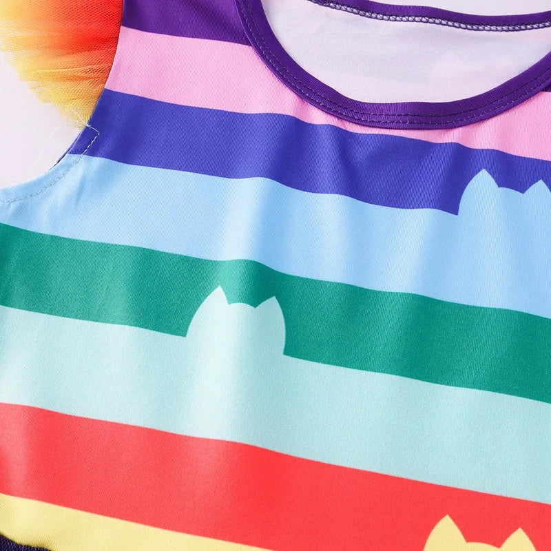 Gabby Cats Baby Girls Summer Gabby's Dollhouse Dress Rainbow stripe Kids Cosplay Princess Toddler Birthday Party Dresses+wig