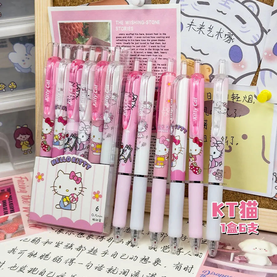 Sanrio 6pcs Series Gel Pen 0.55mm Refill Hello Kitty Y2k Cinnamoroll Kuromi MelodyCartoon Press Pen Black Stationery Supplies
