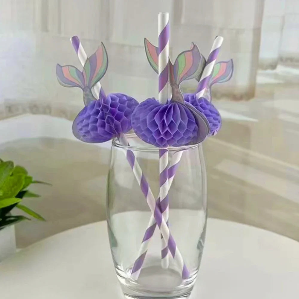 10pcs Purple Mermaid Paper Honeycomb Ball Straw Girls Mermaid Birthday Baby Shower Party Under The Sea Party Supplies Kids Favor