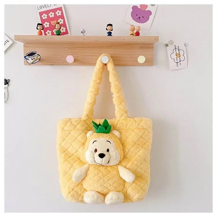 MINISO 2024 New Cartoon Plush Doll Shoulder Bag Sweet and Cute Stitch Strawberry Bear Soft Cute Girls Handbag