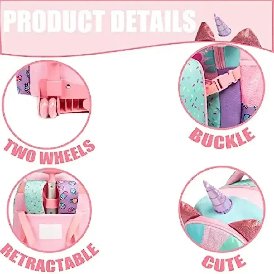 3PCS Cute Rolling Backpack for Girls Backpacks with Wheels for Elementary Students Kids 3 in 1 Travel Luggage Carry on Suitcase