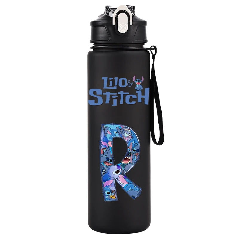 750ml Water Bottle Letter A-Z Printed Lilo Stitch Black Large Capacity Drinking Cup Portable Outdoor Sport Water Cup Kid Gifts