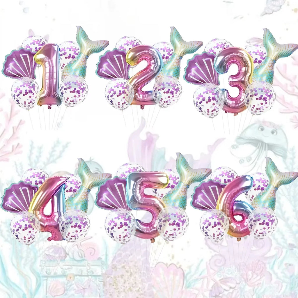 7 Pcs Little Mermaid Shell Balloons 32inch Number Foil Balloon Kids Birthday Party Decoration Supplies Baby Shower Decor Globos