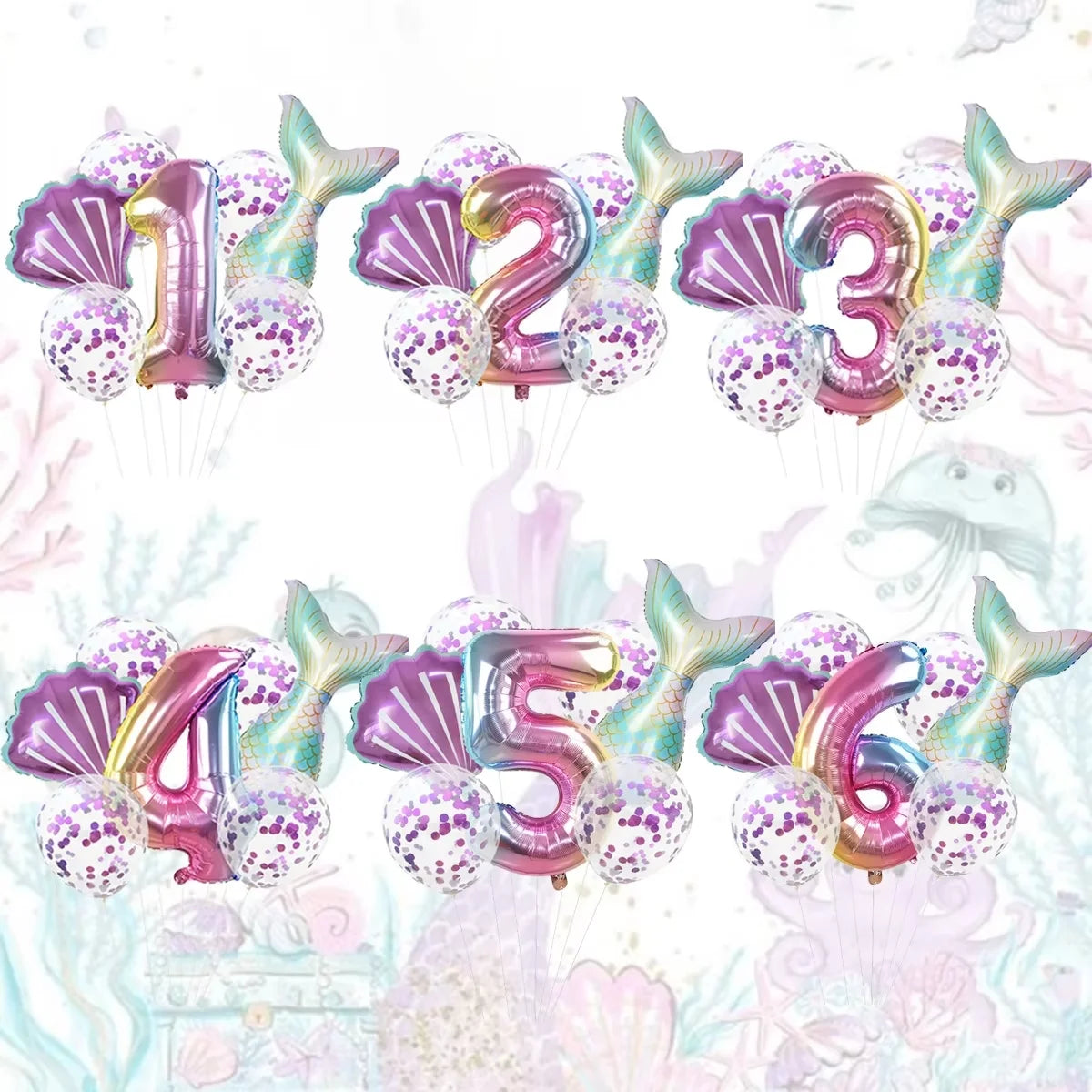 7 Pcs Little Mermaid Shell Balloons 32inch Number Foil Balloon Kids Birthday Party Decoration Supplies Baby Shower Decor Globos