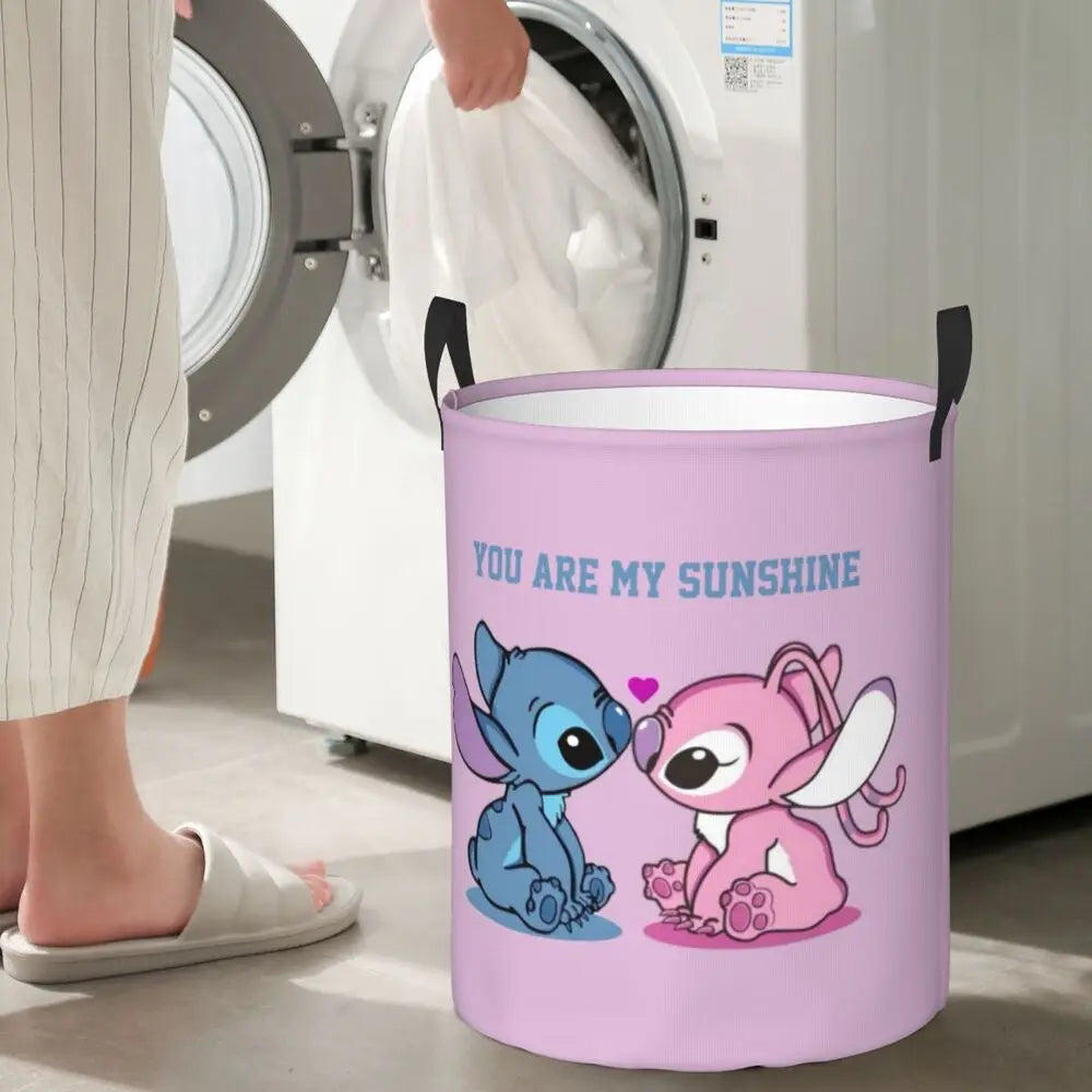 Custom Stitch Kiss Angel Love Heart Anime Laundry Hamper Large Clothes Storage Basket Toy Bin Organizer for Boy Girl
