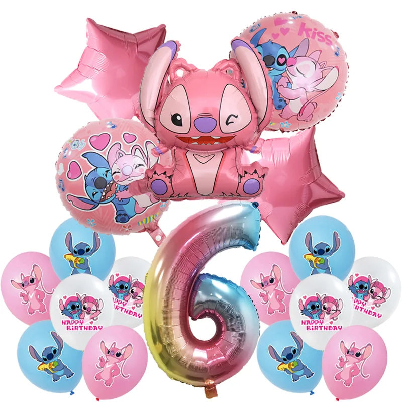 Stitch Birthday Party Decoration Pink Angel&Stitch Theme Event Supplies For Kids Balloon Disposable Tableware Banner Backdrop
