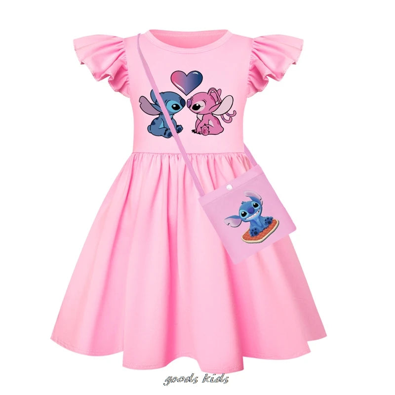 Hot Lilo And Stitch Children's Dress Set Cartoon Cute Girl Dress Flying Sleeve Toddler Dress And Small Bag Birthday Gift