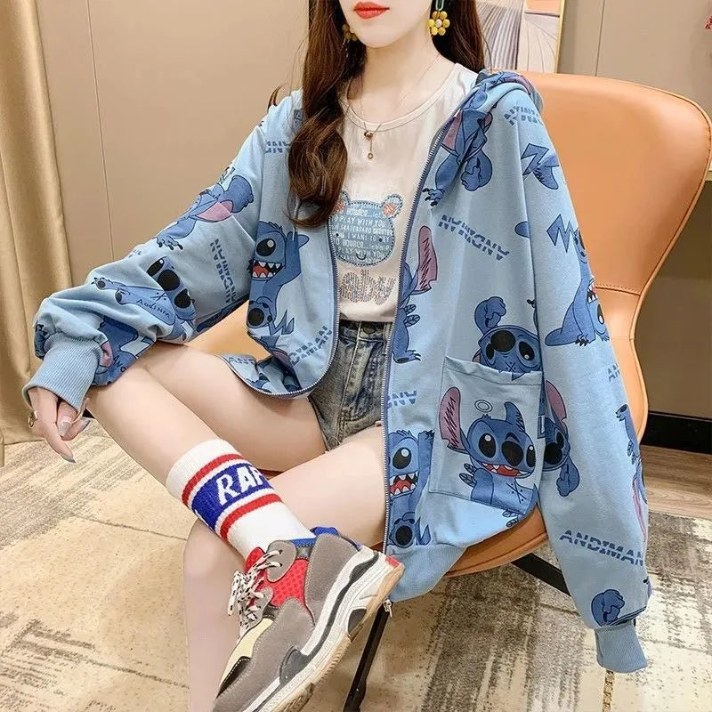 New Lilo and Stitch Hooded Sweatshirt Kawaii Women's Loose Top Thin Design Anime Printed Accessories Cartoon Cardigan Jacket