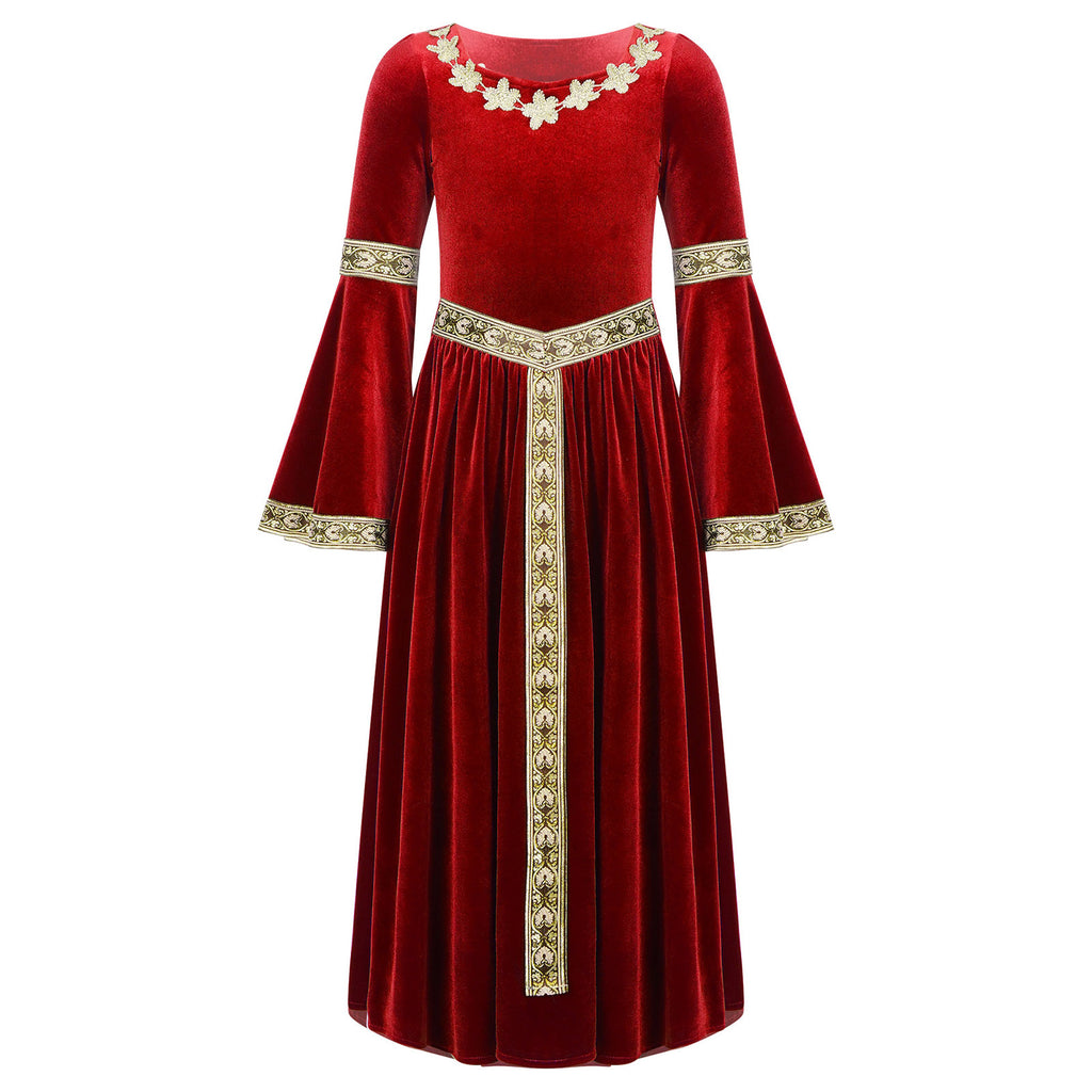 Kids Girls Medieval Renaissance Princess Costume Velvet Long Flare Sleeve Vintage Dress Gown Carnival Party Cosplay Dress Up