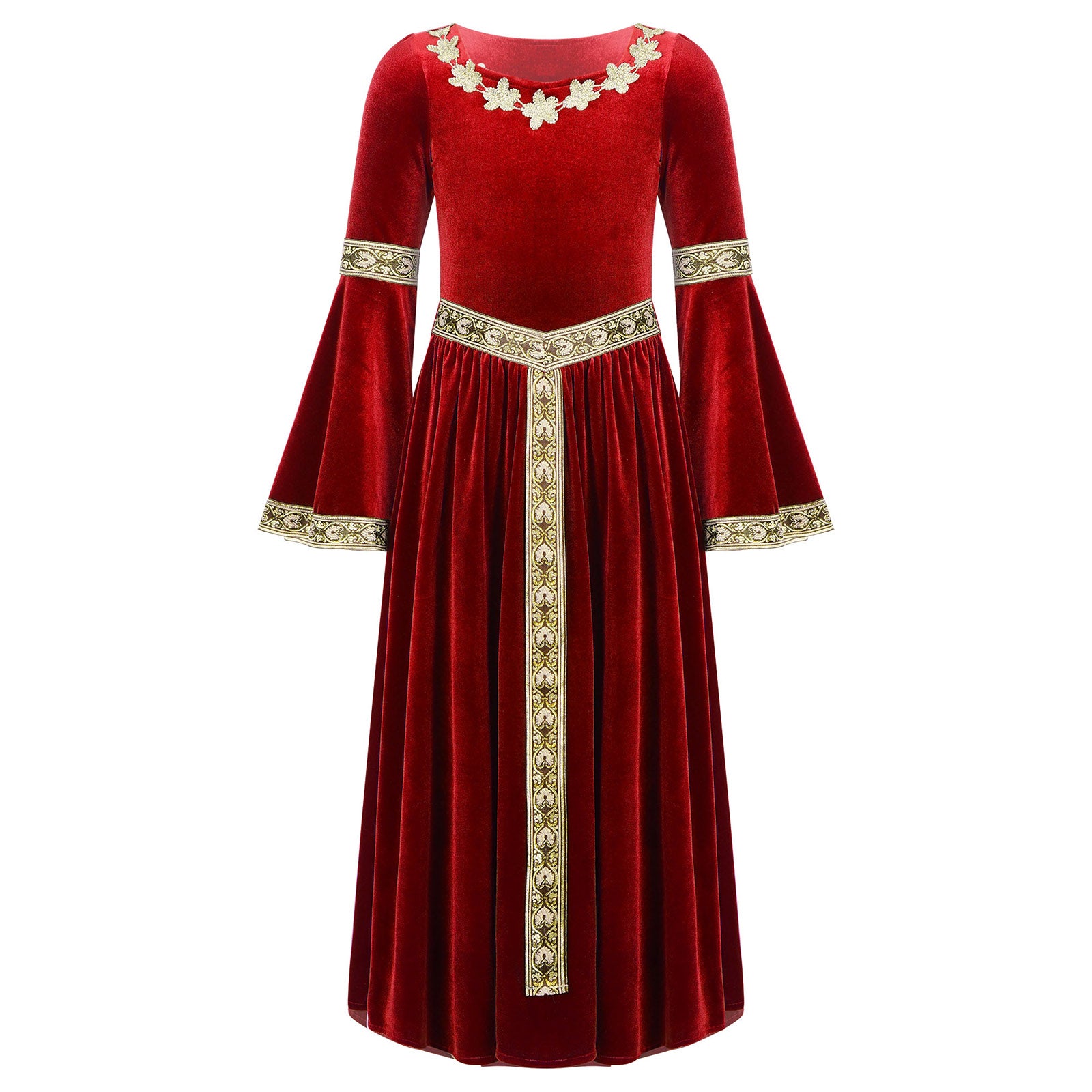 Kids Girls Medieval Renaissance Princess Costume Velvet Long Flare Sleeve Vintage Dress Gown Carnival Party Cosplay Dress Up