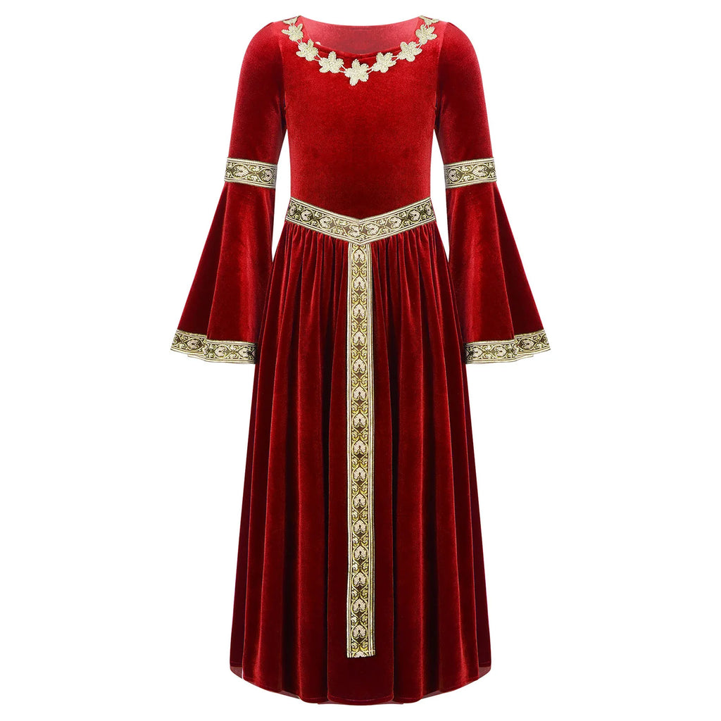 Girls Medieval Renaissance Velvet Dress Princess Queen Cosplay Costume Christmas Xmas Halloween New Year Carnival Party Dress