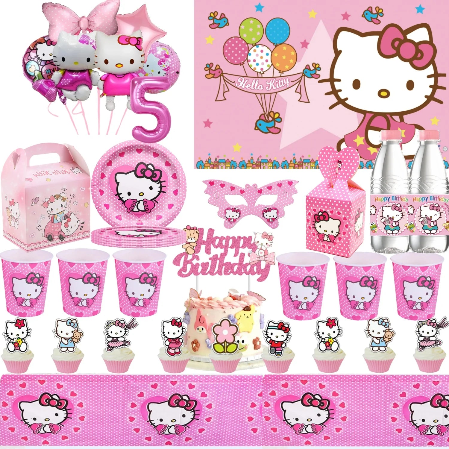 Hello Kitty Birthday Party Decorations Kawaii Cat Tableware Plate Tablecloth Baby Shower DIY stickers Girls Gifts Party Supplies