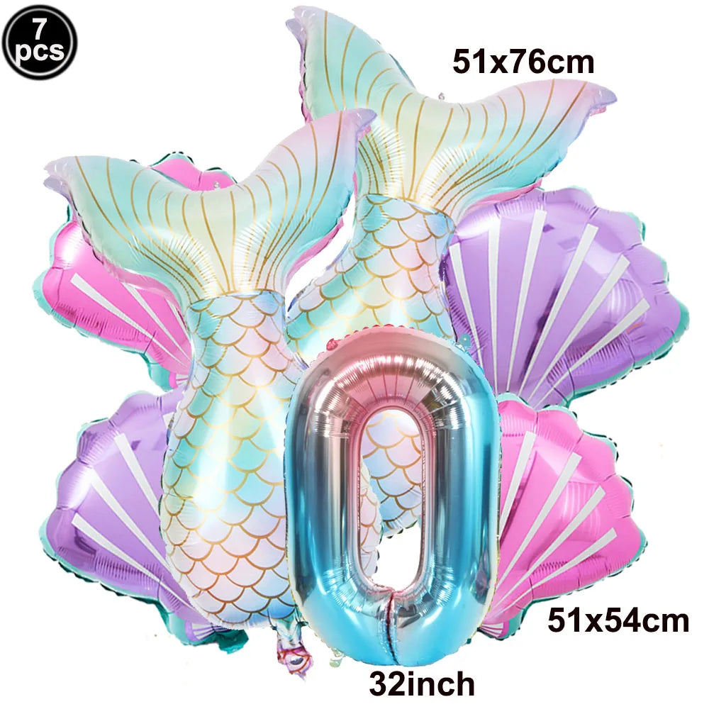 Mermaid Birthday Decorations 7 Pcs Mermaid Foil Balloon Mermaid Tail Balloon Mermaid Decor for 1st-9th Birthday Party Baby Showe