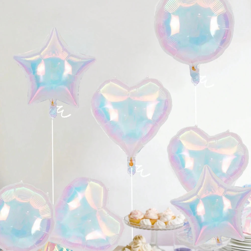 19Inch Foil Star Heart Round Balloons Transparent Iridescent Balloons for Mermaid Theme Birthday Disco Party Wedding Decorations