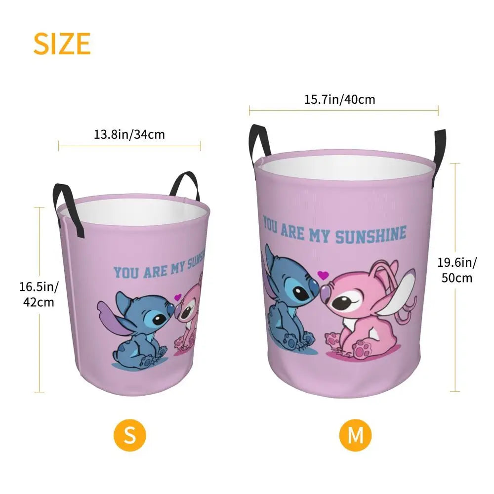 Custom Stitch Kiss Angel Love Heart Anime Laundry Hamper Large Clothes Storage Basket Toy Bin Organizer for Boy Girl