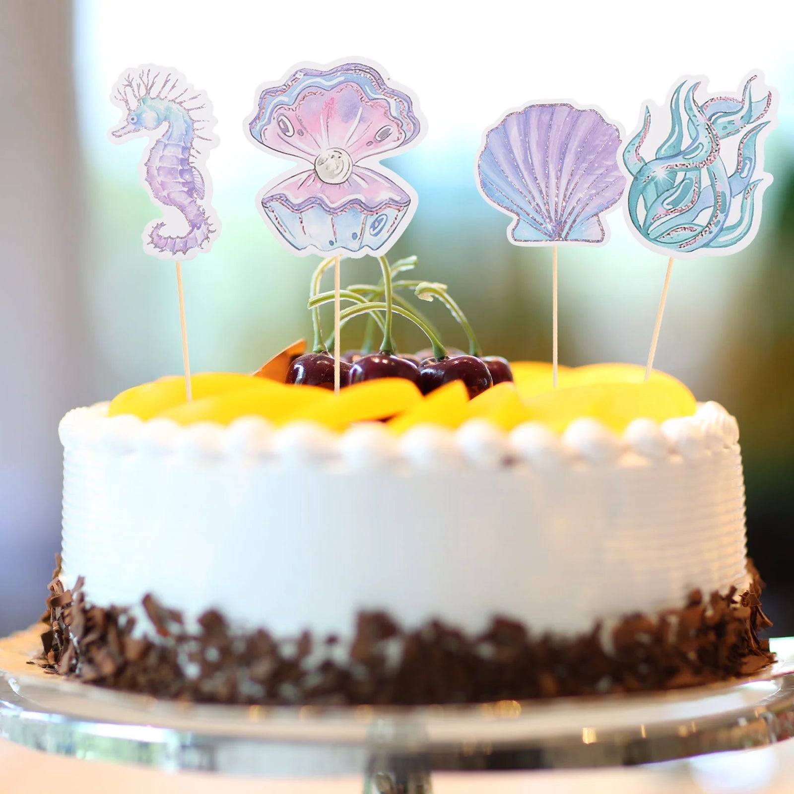 12Pcs Glitter Mermaid Cake Insert ornament Seahorse Star fish Cake Topper Cupcake Dessert Topper Baby Shower Birthday