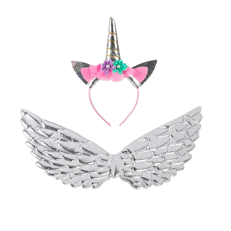Unicorn Headband Girls' Fairy Rainbow Wings Flowers Headwear Accessory Unicorn Birthday Party Decoration Princess Dress Up Toys