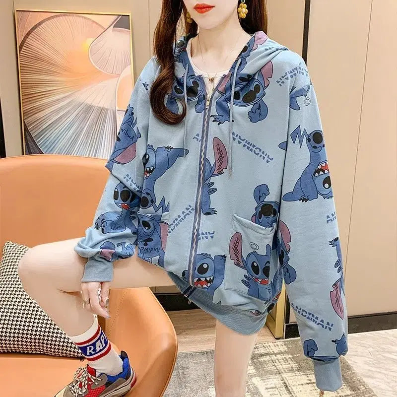 New Lilo and Stitch Hooded Sweatshirt Kawaii Women's Loose Top Thin Design Anime Printed Accessories Cartoon Cardigan Jacket