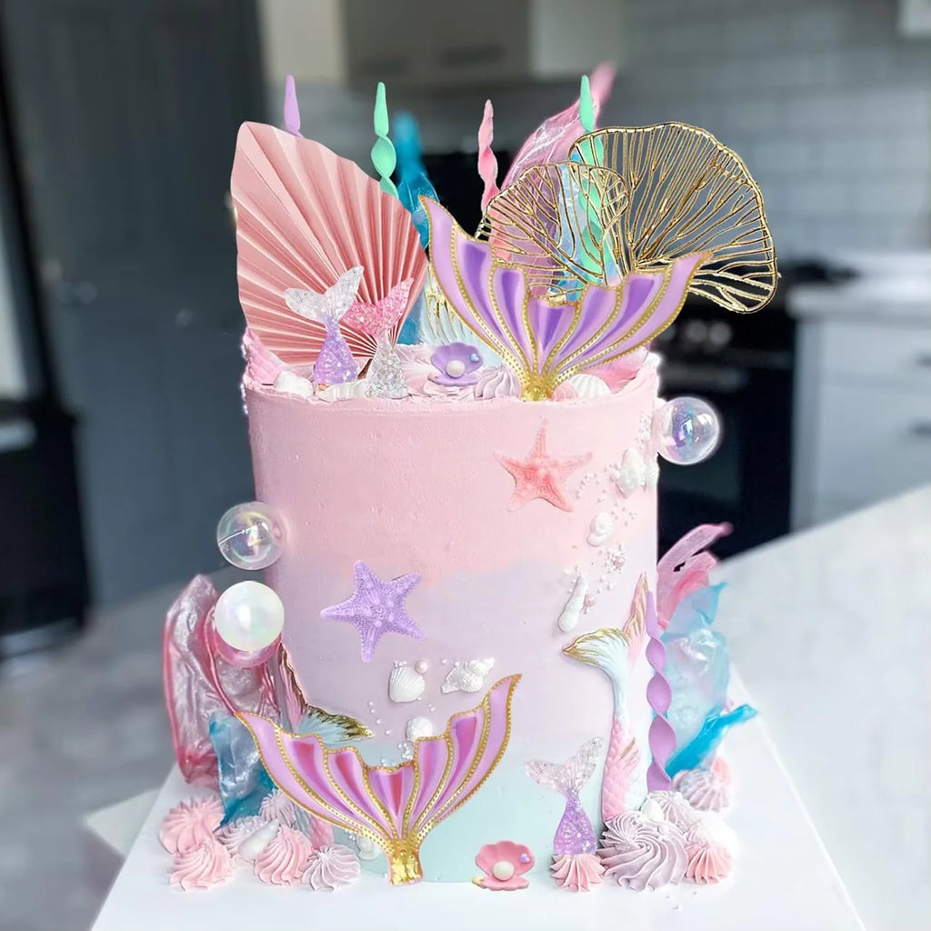 Mermaid Cake Topper Big Mermaid Tails Seaweed Bubbles Shells and Golden Ginkgo Leaves Cake Set for Mermaid Cake Decorations