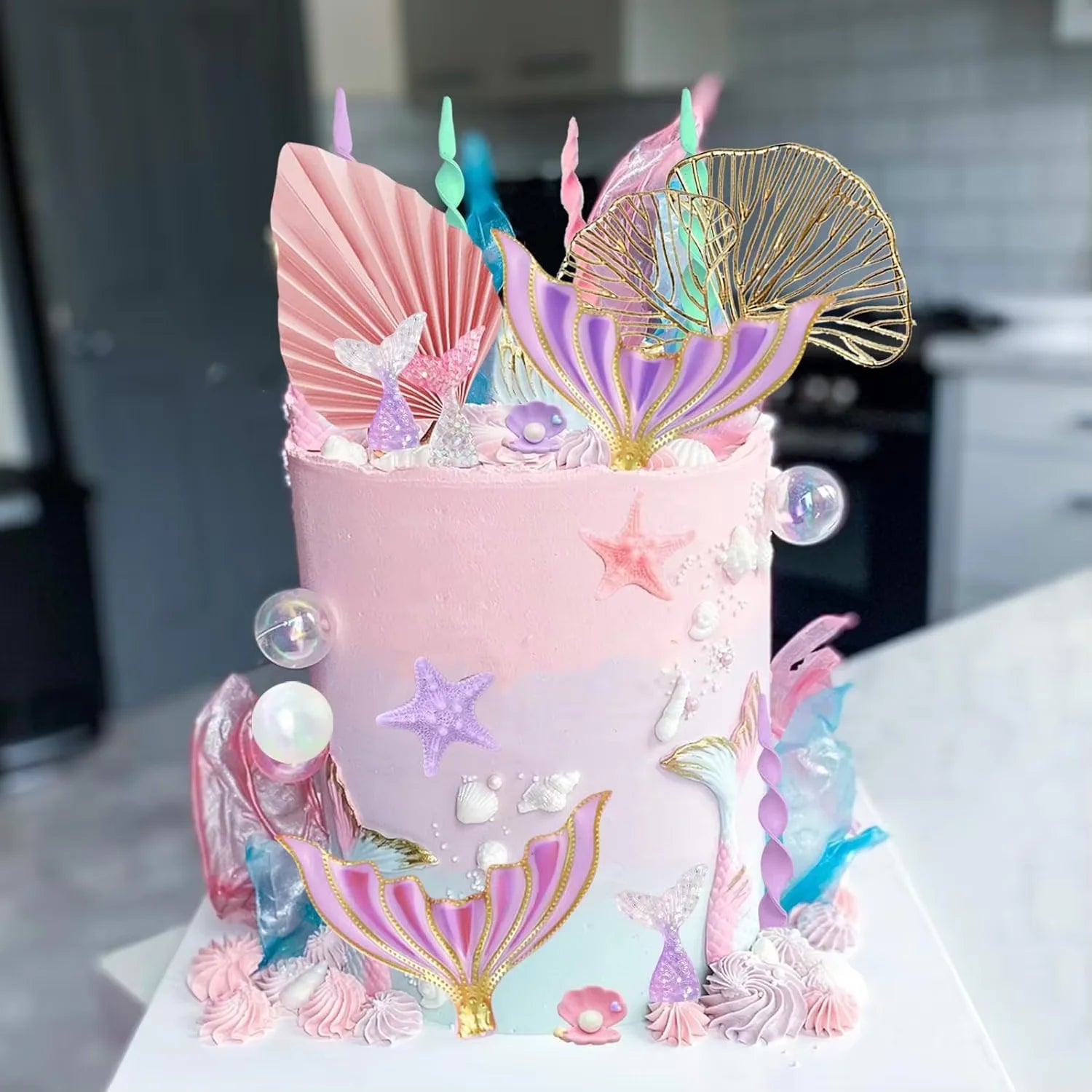 Mermaid Cake Topper Big Mermaid Tails Seaweed Bubbles Shells and Golden Ginkgo Leaves Cake Set for Mermaid Cake Decorations