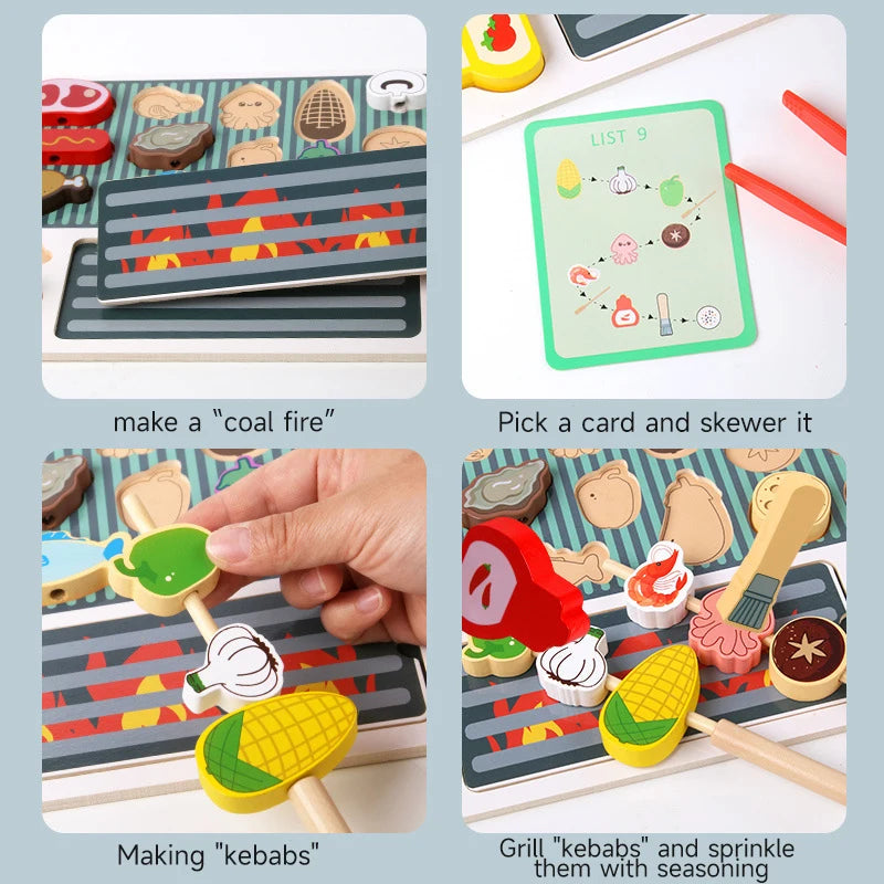 Children Wooden Barbecue Toys Kids Wooden Simulation Food Barbecue Cooking Kitchen Toys Parent-Child Interaction Play House Toys