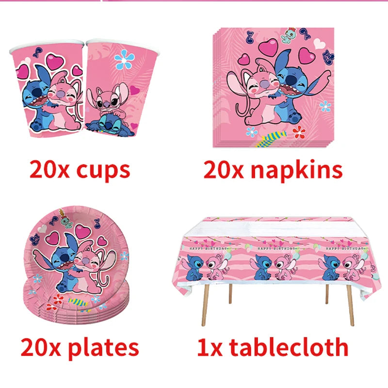 Lilo & Stitch Birthday Decorations Pink Girls Paper Cups Plates Napkins Cake Topper Tableware Set Balloons Decor Party Supplies