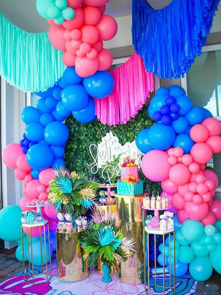114pcs Stich Balloon Birthday Party Garland Kit, Navy Hot Pink Silver and Palm Leaves, Hawaiian Tropical Style, Summer Luau