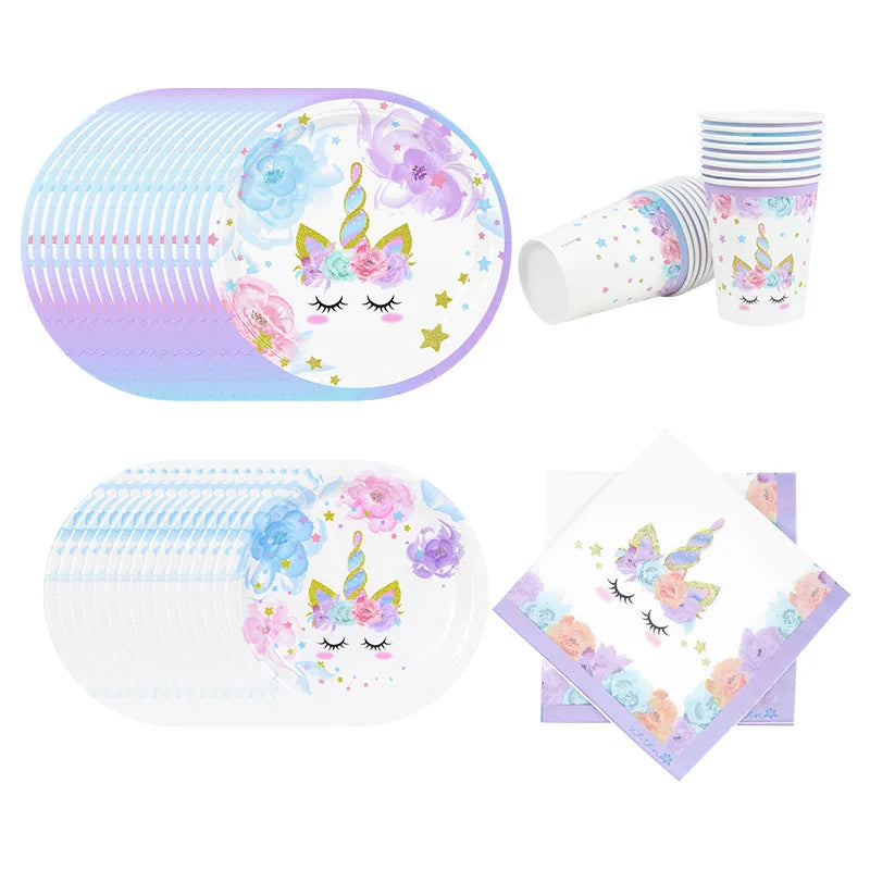 48Pcs/Set Unicorn Theme Birthday Disposable Tableware Set Paper Plates Napkins Cups Birthday Party Decoration Kids Favors Gift
